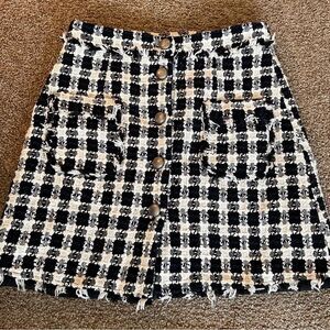 Zara Black and Cream Tweed Button-Front Mini Skirt